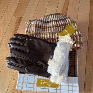 Jessica Simpson Striped Beanie and Scarf and Gloves Set